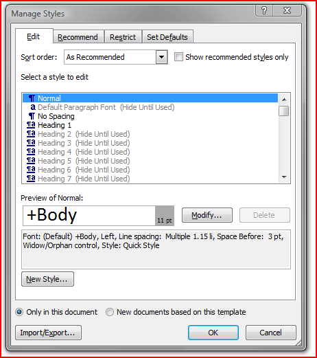 Word Manage Styles Dialog