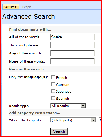 advsearch Advanced Search Screen with Search term of Snake